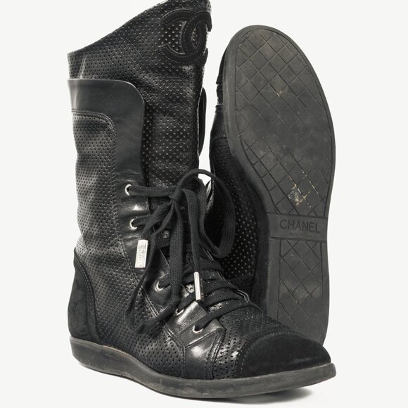 Chanel Black Perforated Leather Sneaker Boots - Picture 4 of 12